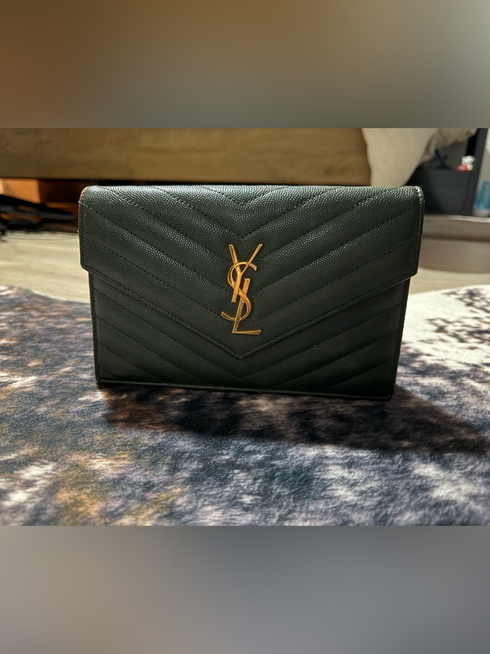 Saint Laurent Green Quilted Leather Clutch with Gold YSL Logo